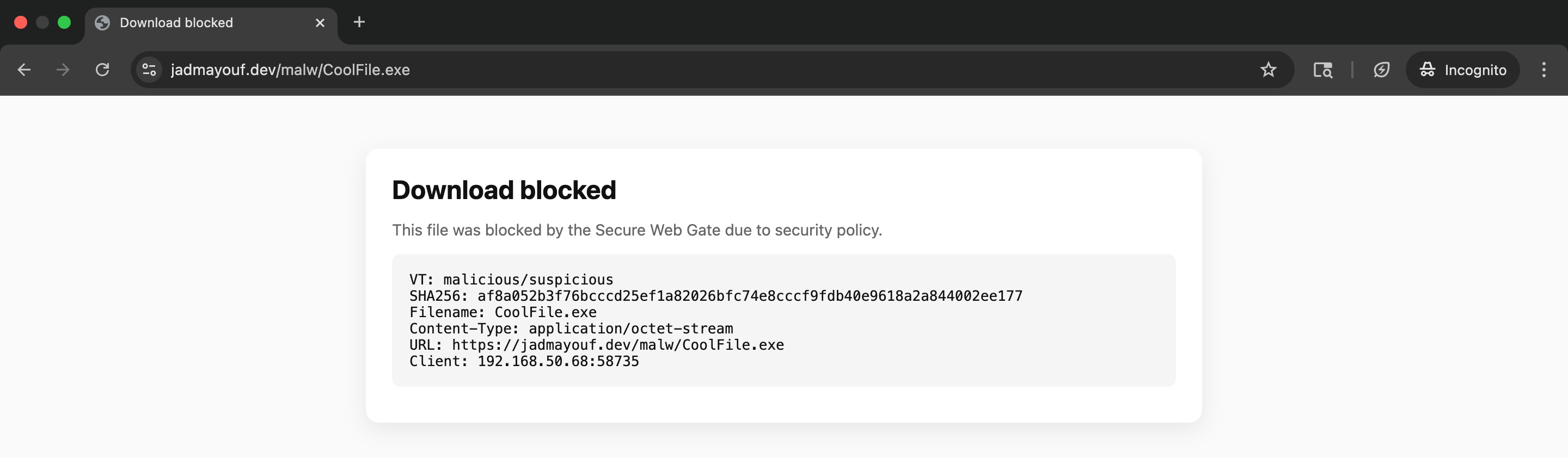 Placeholder: SWG decision screenshot (deny with reason)